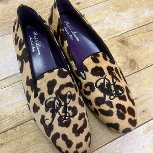 Ralph Lauren Tan Leopard Print Calfhair Smoking Slippers with Black Monogram
